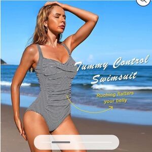Niptuck Swim retro striped twist front tummy control ruched sides swimsuit